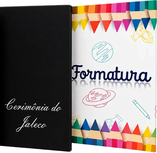 Álbuns de formatura com capa preta personalizada e capa infantil colorida