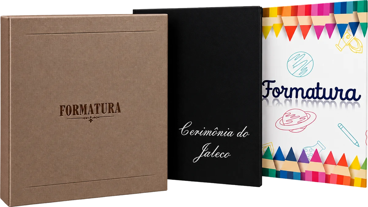 Caixa personalizada e álbuns de formatura com capas personalizadas